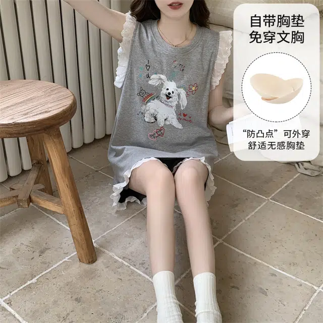 蒄趣 俏皮带胸垫一体可爱蕾丝套头可外穿家居服清凉夏季睡衣套装 女款