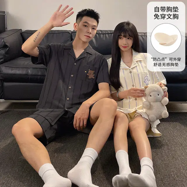 蒄趣 纯棉短袖开衫休闲宽松可外穿透气不闷热夏季睡衣套装 男款