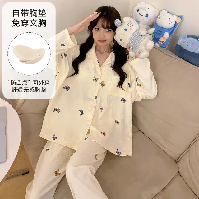 蒄趣 宽松蝴蝶结长袖开衫自带胸垫长裤家居服大码舒适睡衣套装 女款