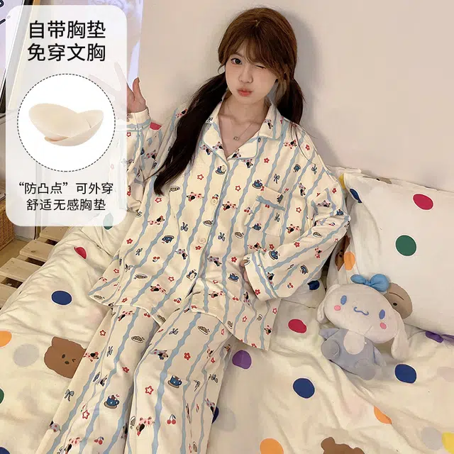 蒄趣 宽松卡通印花自带胸垫长袖开衫长裤柔软舒适睡衣套装 女款