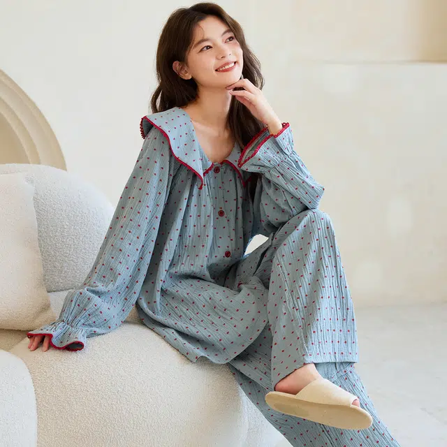 蒄趣 甜美淑女范家居服翻领波点长袖开衫撞色长裤薄款可外穿睡衣套装 女款