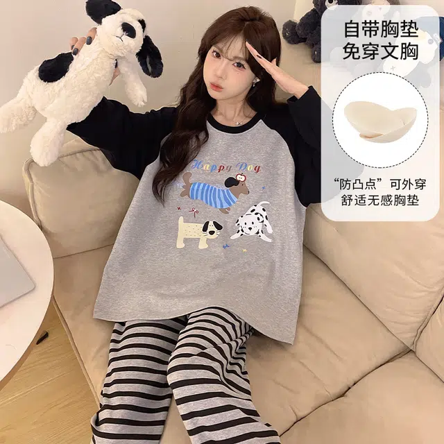 蒄趣 宽松一体带胸垫可外穿家居服长袖长裤舒适薄款睡衣套装 女款