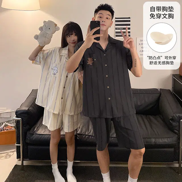 蒄趣 纯棉短袖开衫休闲宽松可外穿透气不闷热夏季睡衣套装 男款