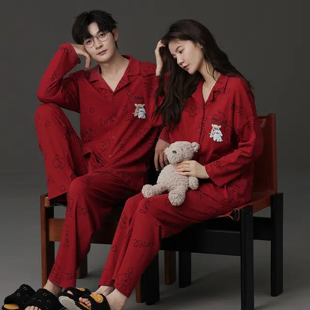 蒄趣 小狗印花纯棉可外穿家居服情侣款宽松舒适春秋款睡衣套装 男女同款 两件装