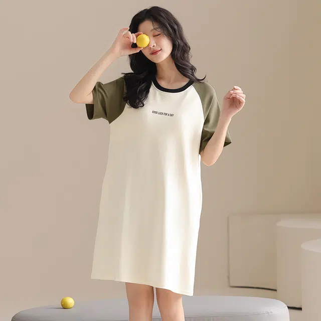 蒄趣 纯棉短袖宽松睡衣中长裙子自带胸垫薄款可外穿睡裙 女款