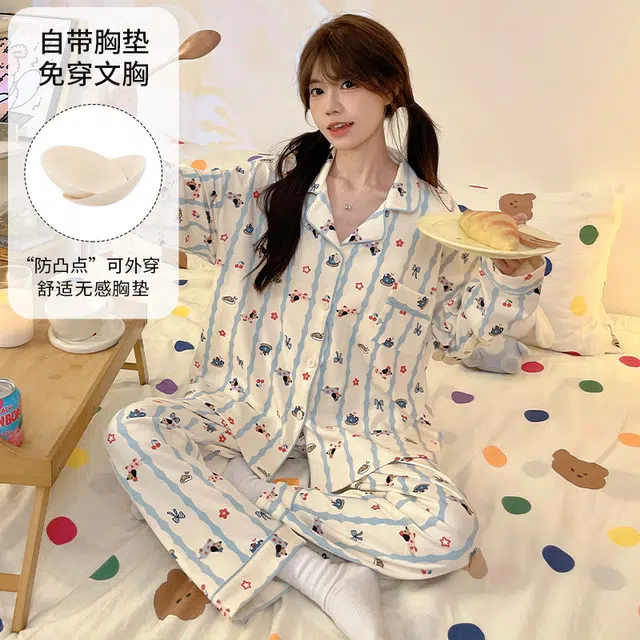 蒄趣 宽松卡通印花自带胸垫长袖开衫长裤柔软舒适睡衣套装 女款