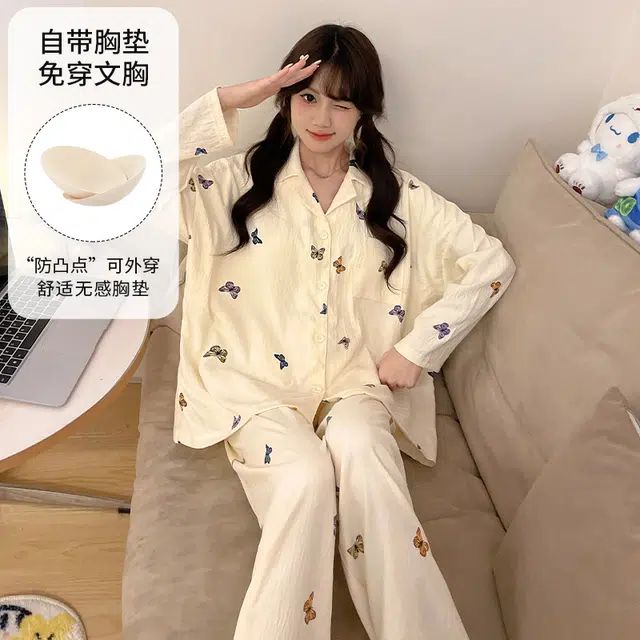 蒄趣 宽松蝴蝶结长袖开衫自带胸垫长裤家居服大码舒适睡衣套装 女款