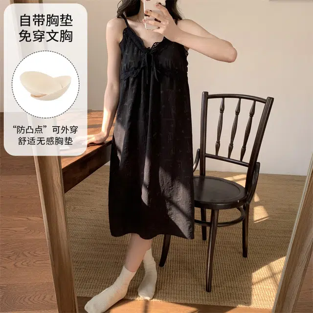 蒄趣 性感纯欲棉纱吊带薄款带胸垫防凸点可外穿夏季睡裙 女款