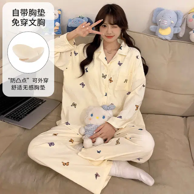 蒄趣 宽松蝴蝶结长袖开衫自带胸垫长裤家居服大码舒适睡衣套装 女款