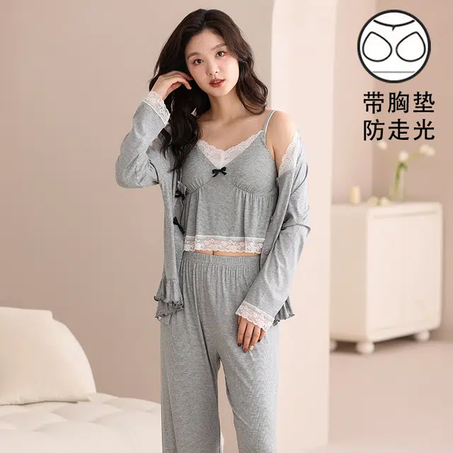 蒄趣 优雅甜美蕾丝吊带长袖开衫长裤自带胸垫宽松三件套睡衣套装 女款