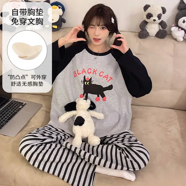蒄趣 可爱减龄少女带胸垫外穿卡通宽松舒适亲肤睡衣套装 女款