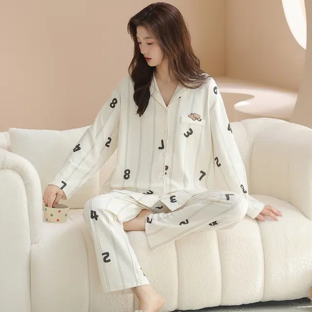 蒄趣 舒适可爱长袖可外穿家居服个性装饰亲肤薄款睡衣套装 女款