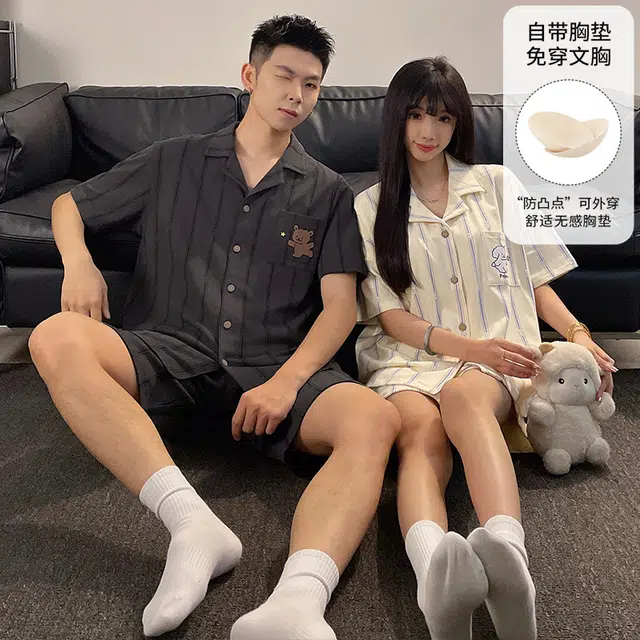 蒄趣 纯棉短袖开衫休闲宽松可外穿透气不闷热夏季睡衣套装 男款