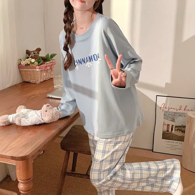 蒄趣 舒适亲肤棉质长袖长裤可外穿家居服卡通字母宽松睡衣套装 女款