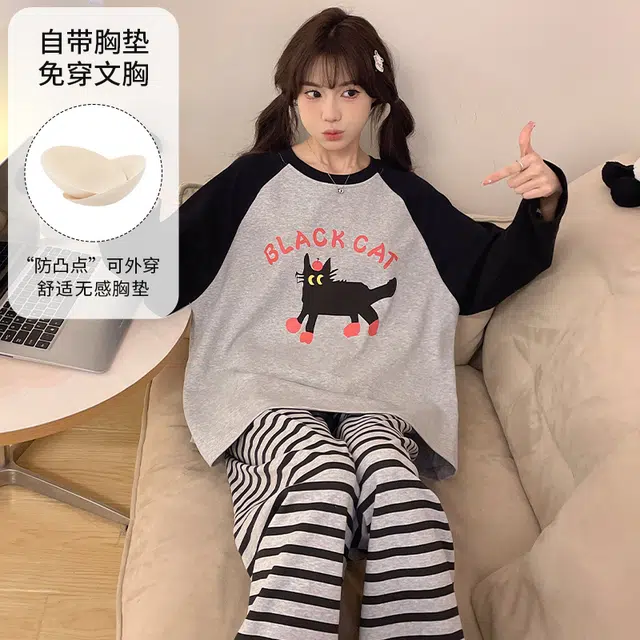 蒄趣 可爱减龄少女带胸垫外穿卡通宽松舒适亲肤睡衣套装 女款