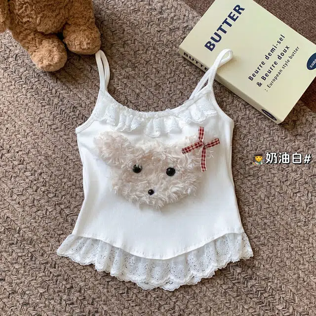 蒄趣 辣妹风蕾丝拼接带胸垫小吊带显瘦无袖上衣外穿毛毛小熊背心 女款