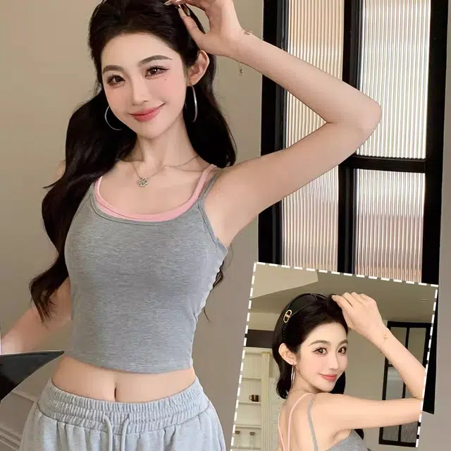 蒄趣 纯欲甜辣撞色假两件美背自带胸垫一体式内搭外穿背心 女款