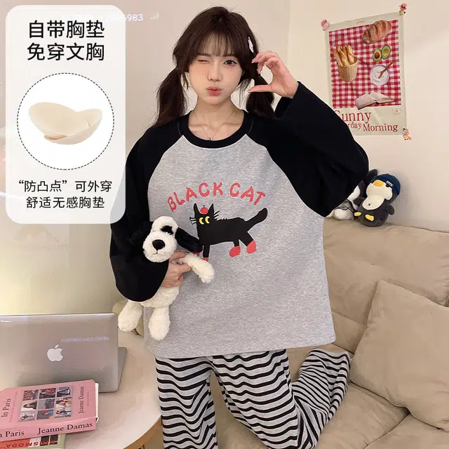 蒄趣 可爱减龄少女带胸垫外穿卡通宽松舒适亲肤睡衣套装 女款