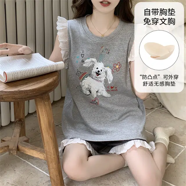 蒄趣 俏皮带胸垫一体可爱蕾丝套头可外穿家居服清凉夏季睡衣套装 女款