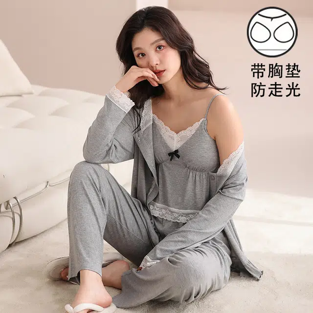 蒄趣 优雅甜美蕾丝吊带长袖开衫长裤自带胸垫宽松三件套睡衣套装 女款