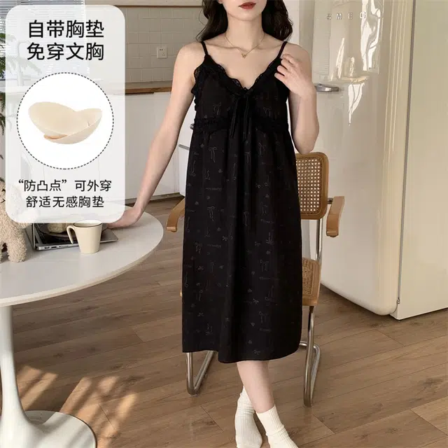 蒄趣 性感纯欲棉纱吊带薄款带胸垫防凸点可外穿夏季睡裙 女款