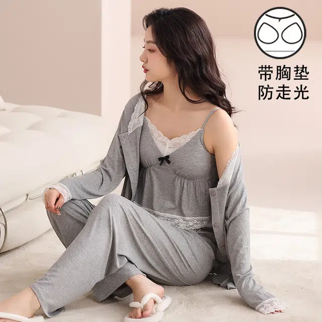 蒄趣 优雅甜美蕾丝吊带长袖开衫长裤自带胸垫宽松三件套睡衣套装 女款
