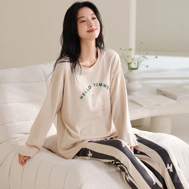 蒄趣 休闲风舒适纯棉外穿家居服透气宽松薄款睡衣套装 女款