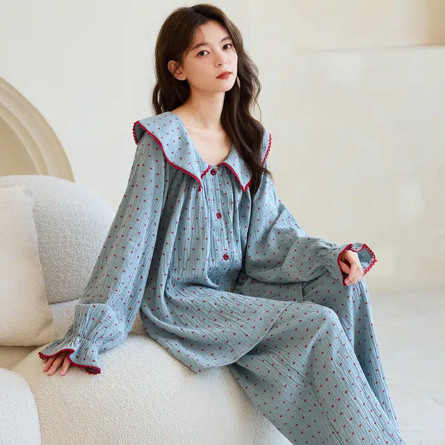 蒄趣 甜美淑女范家居服翻领波点长袖开衫撞色长裤薄款可外穿睡衣套装 女款