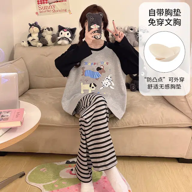 蒄趣 宽松一体带胸垫可外穿家居服长袖长裤舒适薄款睡衣套装 女款