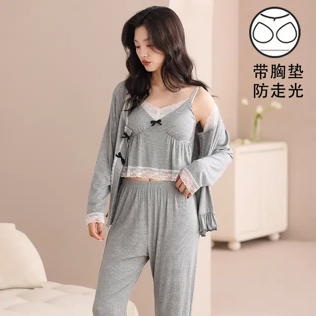 蒄趣 优雅甜美蕾丝吊带长袖开衫长裤自带胸垫宽松三件套睡衣套装 女款