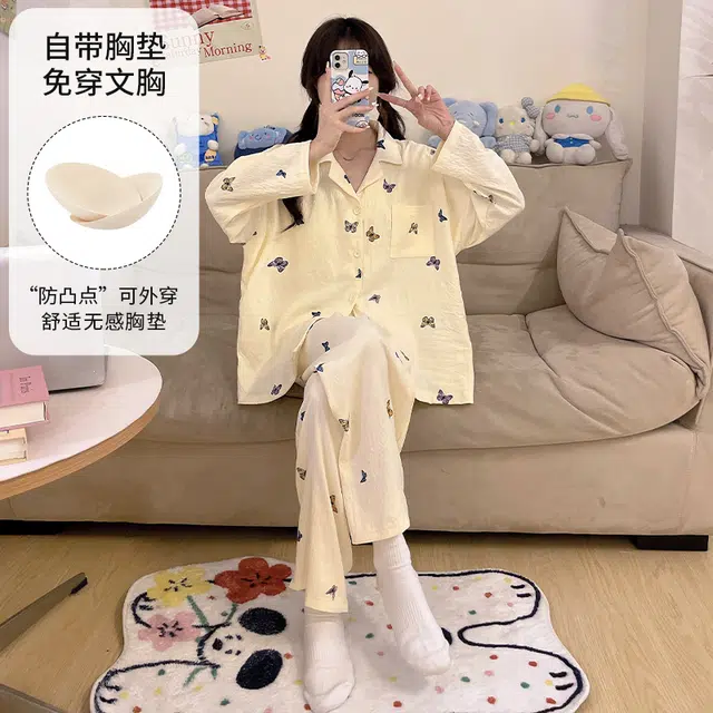 蒄趣 宽松蝴蝶结长袖开衫自带胸垫长裤家居服大码舒适睡衣套装 女款