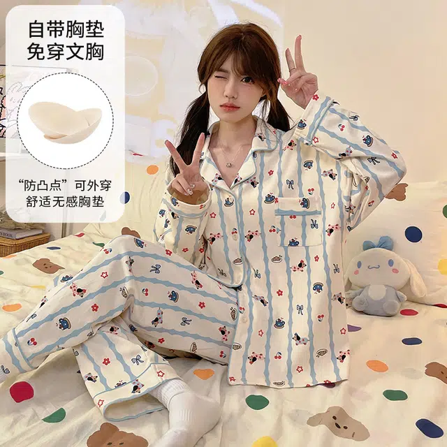 蒄趣 宽松卡通印花自带胸垫长袖开衫长裤柔软舒适睡衣套装 女款