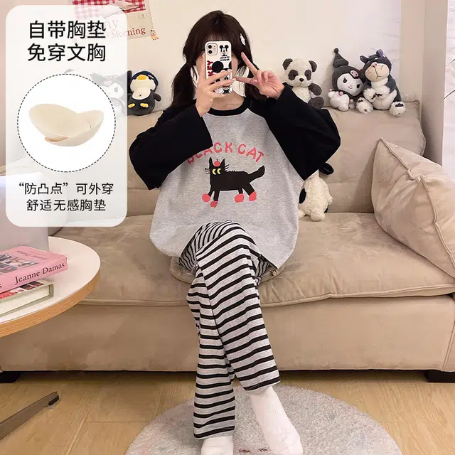 蒄趣 可爱减龄少女带胸垫外穿卡通宽松舒适亲肤睡衣套装 女款