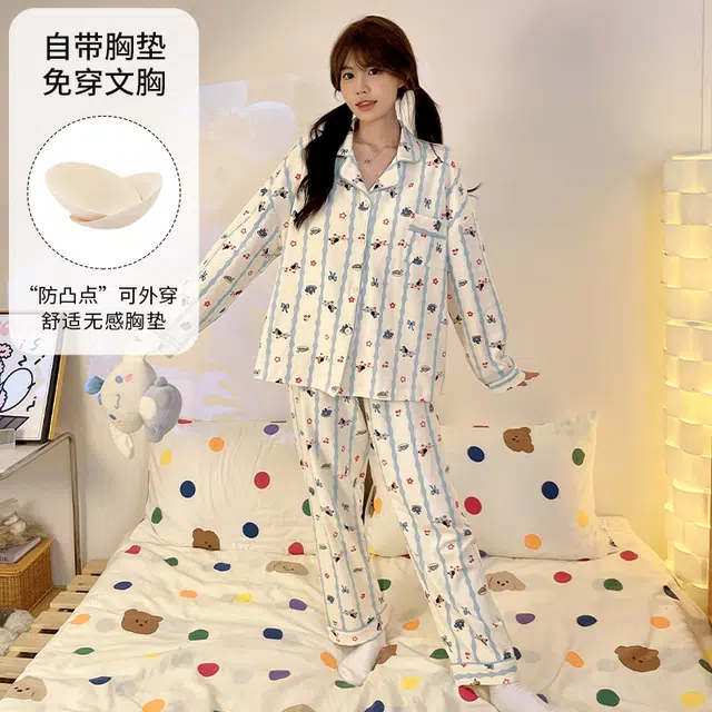 蒄趣 宽松卡通印花自带胸垫长袖开衫长裤柔软舒适睡衣套装 女款