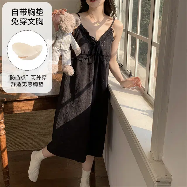蒄趣 性感纯欲棉纱吊带薄款带胸垫防凸点可外穿夏季睡裙 女款