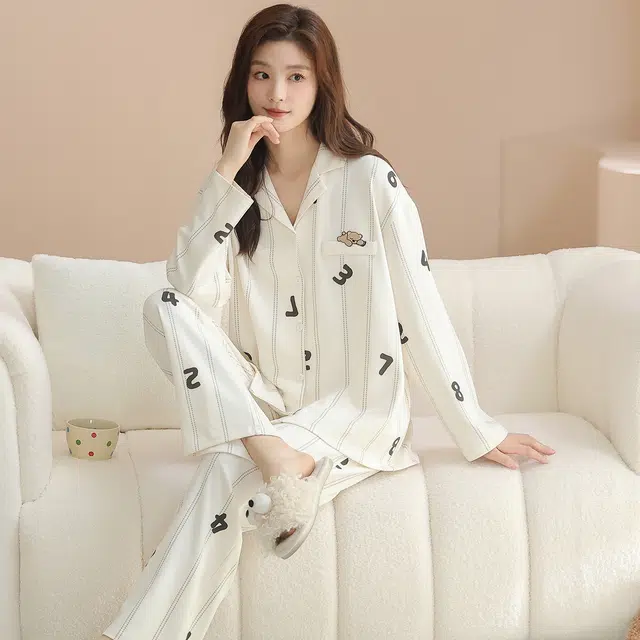 蒄趣 舒适可爱长袖可外穿家居服个性装饰亲肤薄款睡衣套装 女款