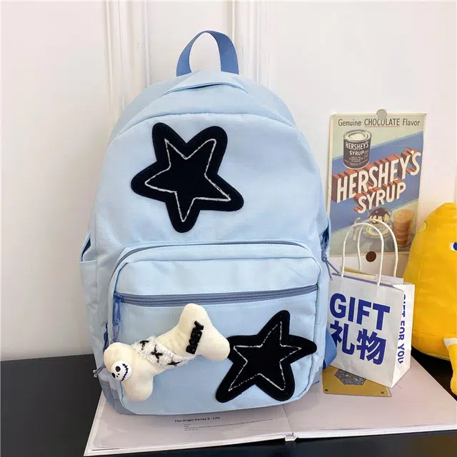 雅鹿 星星背包学院风日系韩版初中生高中小学生大学生书包 帆布 双肩包 男女同款情侣款 蓝色