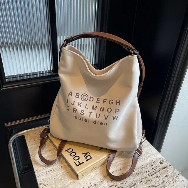 雅鹿 百搭时尚通勤 布 托特包单肩包 女款 米白色/黑色