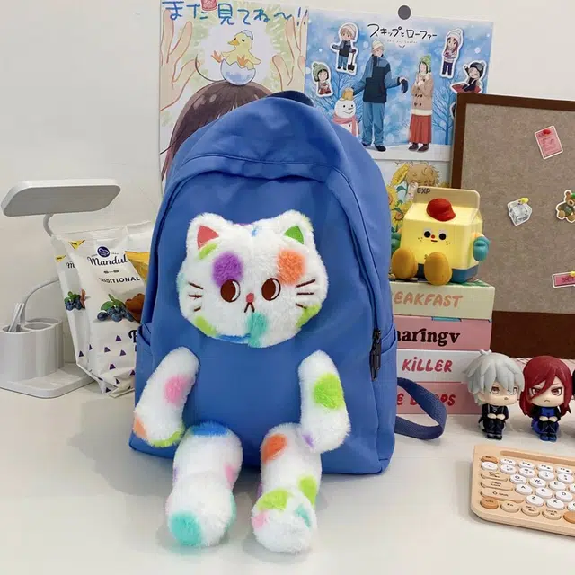 雅鹿 丑萌可爱猫咪玩偶初高中学生轻便书包 尼龙 双肩包 女款 多色