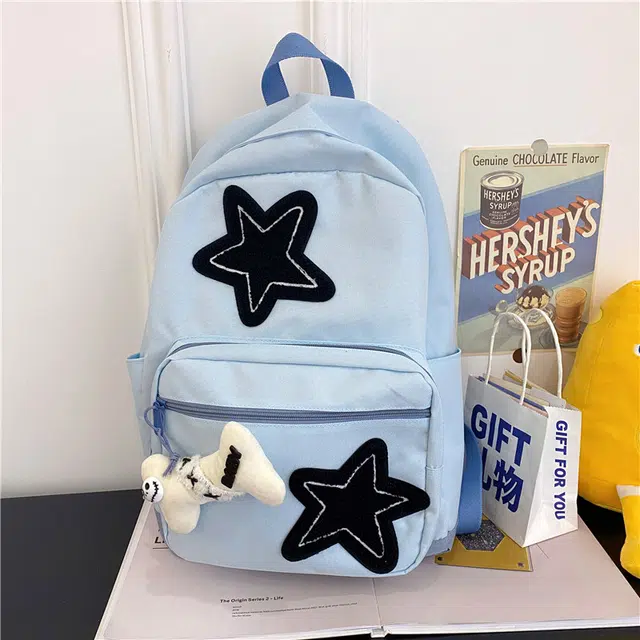雅鹿 星星背包学院风日系韩版初中生高中小学生大学生书包 帆布 双肩包 男女同款情侣款 蓝色