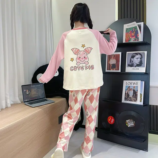 草本初色 卡通图案套头带胸垫长袖长裤甜美宽松休闲可外穿家居服睡衣套装 女款 组合装