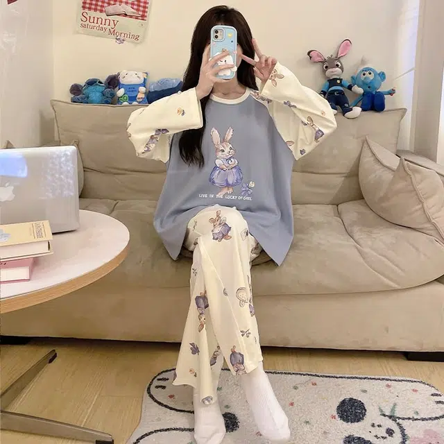草本初色 长裤长袖带胸垫甜美休闲家居服可外穿睡衣套装 女款 组合装