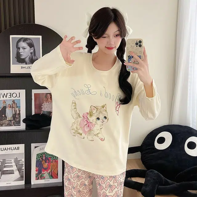 草本初色 卡通图案套头带胸垫长袖长裤甜美宽松休闲可外穿家居服睡衣套装 女款 组合装