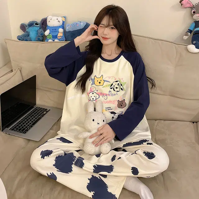 草本初色 长裤长袖带胸垫甜美休闲家居服可外穿睡衣套装 女款 组合装