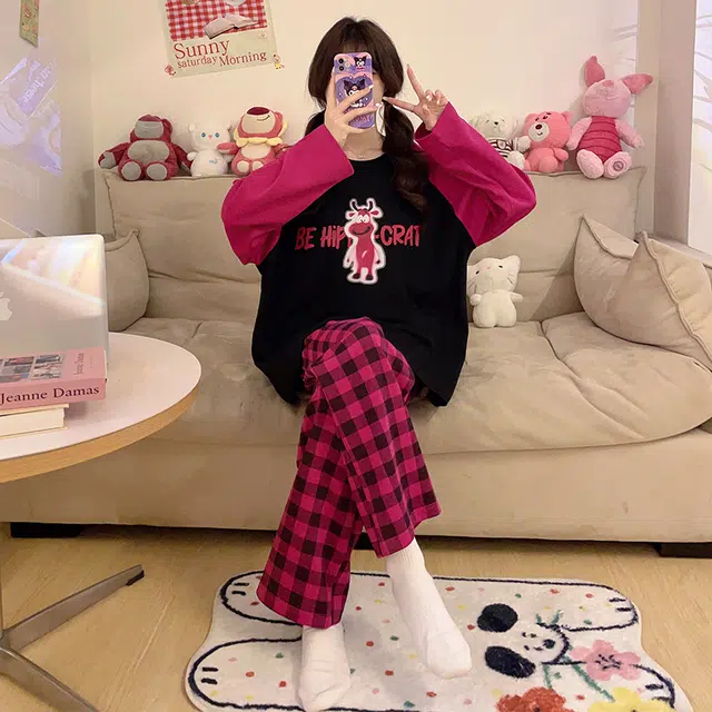 草本初色 卡通图案套头带胸垫长袖长裤甜美宽松休闲可外穿家居服睡衣套装 女款 组合装