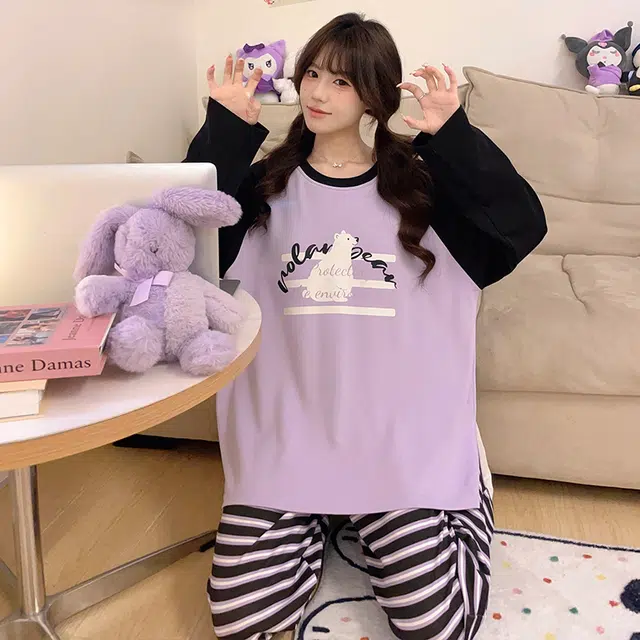 草本初色 卡通图案套头带胸垫长袖长裤甜美宽松休闲可外穿家居服睡衣套装 女款 组合装