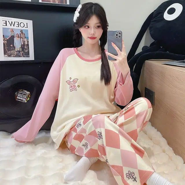 草本初色 卡通图案套头带胸垫长袖长裤甜美宽松休闲可外穿家居服睡衣套装 女款 组合装