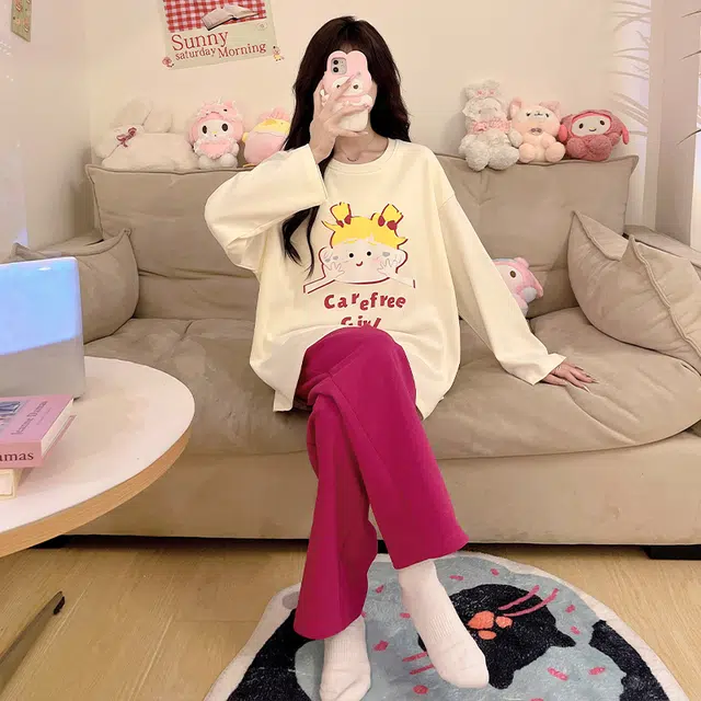 草本初色 长裤长袖带胸垫甜美休闲可外穿家居服睡衣套装 女款 组合装