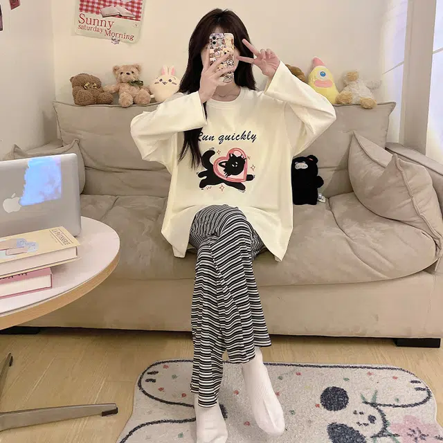 草本初色 长裤长袖带胸垫甜美休闲家居服可外穿睡衣套装 女款 组合装