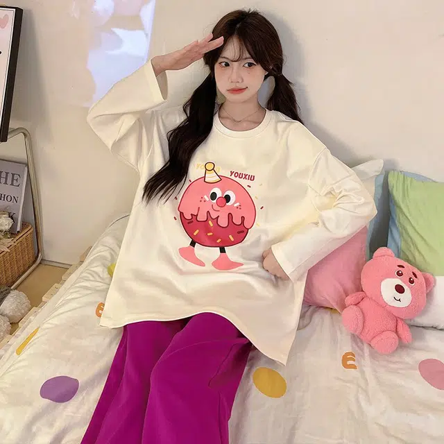 草本初色 长裤长袖带胸垫甜美休闲家居服可外穿睡衣套装 女款 组合装